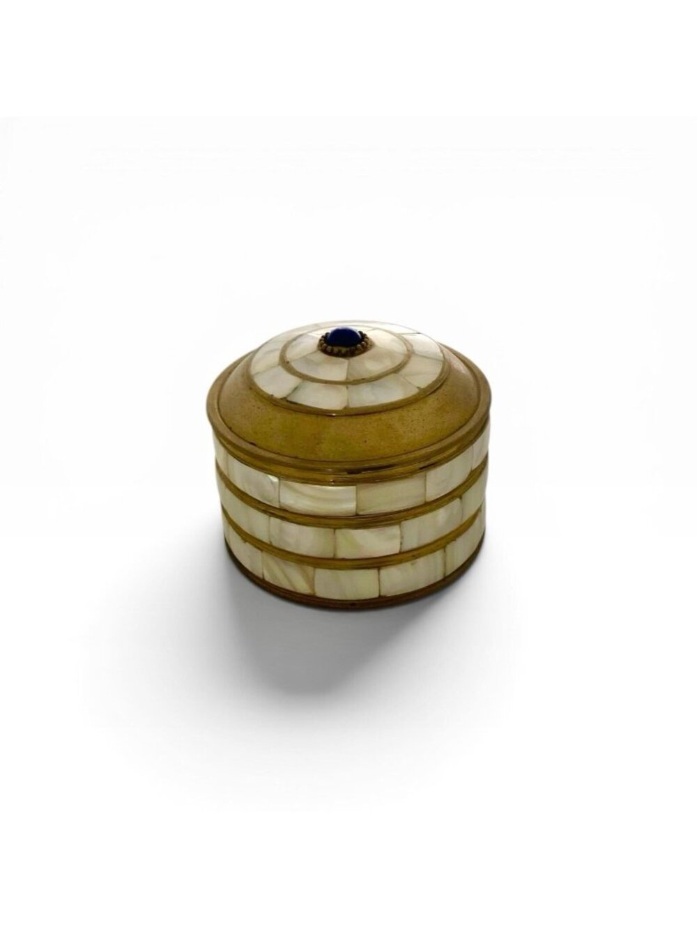 Trinket Box Brass & Mother of Pearl Lidded Round with Stone on Top Vintage Gift